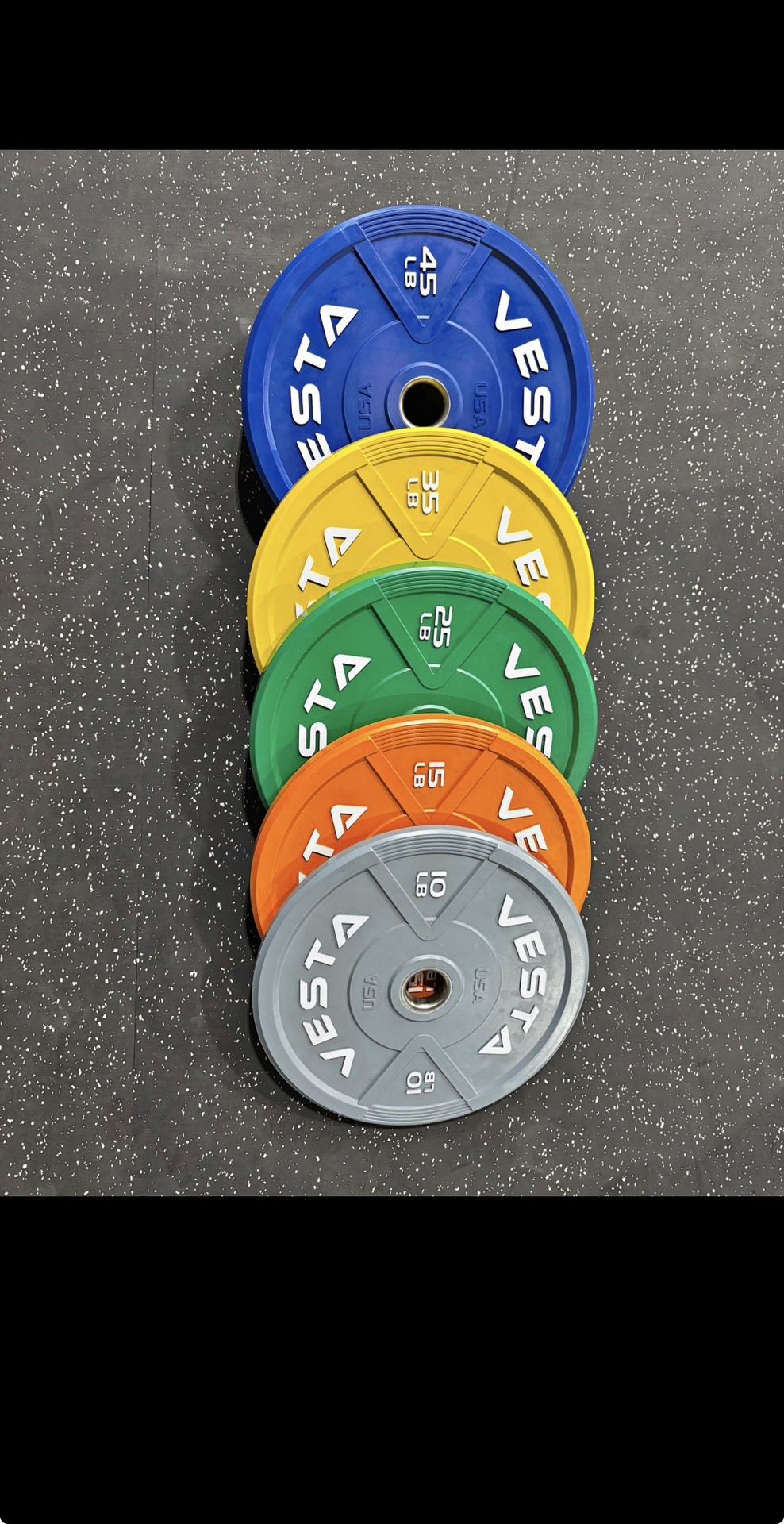 Colored Vesta Bumper Plates Set 260lb (Pairs of 10lk 1010. 1(contact info removed), 3510 45lb)
