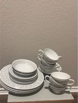 Vintage Imperial China by W. Dalton, Whitney pattern #5671, made in Japan. Elegant white china with a gray/silver floral scroll pattern and silver tri