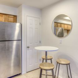 Stainless Steel Pub Table And 3 Wooden Stools 