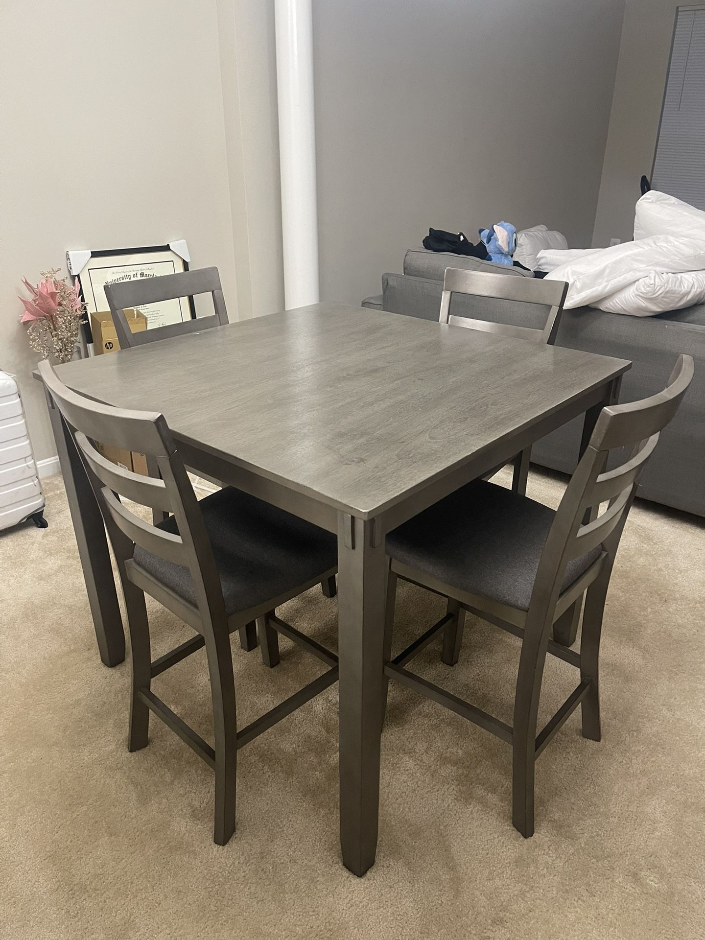 High Dining Table Set w/ 4 Chairs - Solid Wood