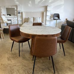 Arhaus Style Dining Table Set With Fluted Base & Brown Chairs