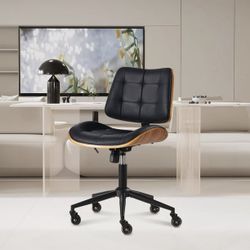 Armless Office Chair with Wheels, Modern PU Leather Desk Chair with Adjustable Height and 360° Swivel, Walnut Mid-Back Computer Task Chairs for Home, 