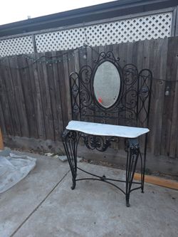 Vintage Vanity Table with Genuine Marble Top & Oval Mirror
