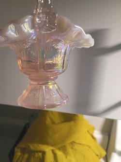 Fenton Style Pink Opalescent Iridescent Glass Basket - Daisy & Button Pattern