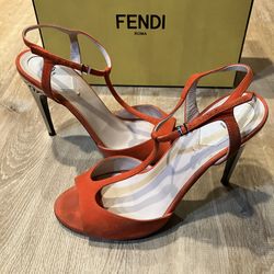 Fendi Heels Peach Coral Peep Toe Suede Platform Women Size 8.5 AUTHENTIC