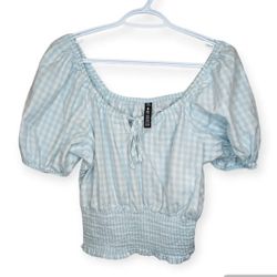 Lord Taylor Design Lab Light Blue White Checkered Puff Sleeve Smocked Bottom M