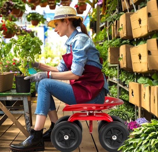 Rolling Garden Seat, Garden Cart with 360° Swivel Work Seat & Adjustable Height, Heavy Duty Garden Seat with Wheels for Lawn Yard Patio Greenhouse 