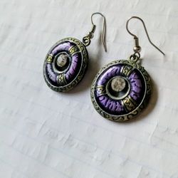 Stunning Purple Amethyst Earrings In Antiqued Silver Metal 2" Bali Tribal Style