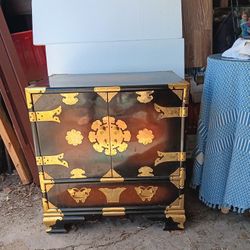 Vintage Asian Burl Wood and Brass Tansu Chest Mid Century 