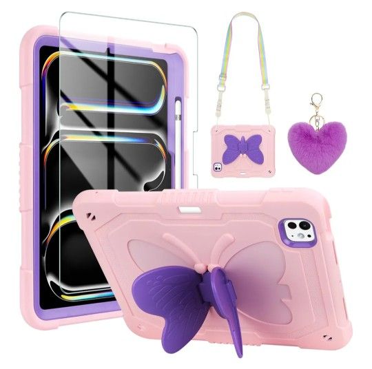 WESADN for iPad Pro 11 Inch case 2024 M4 for Kids Girls with Screen Protector Butterfly Kickstand Lanyard Keychain