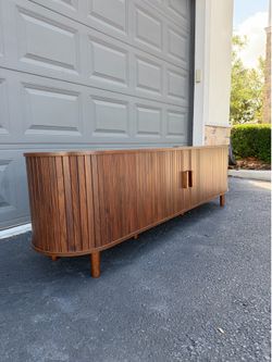 Brand New 70” Walnut Sliding Door TV Stand | Built-In Power Outlet