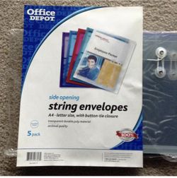NEW! 5 Plastic String Envelopes Flap Button -Tie Closure Assorted Colors 4 side 1 top open - Durable Expandable High Quality