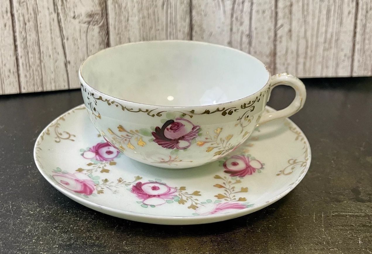 Antique Victorian Crown Staffordshire Bone China Cup Saucer Rose Pansy Gold Trim