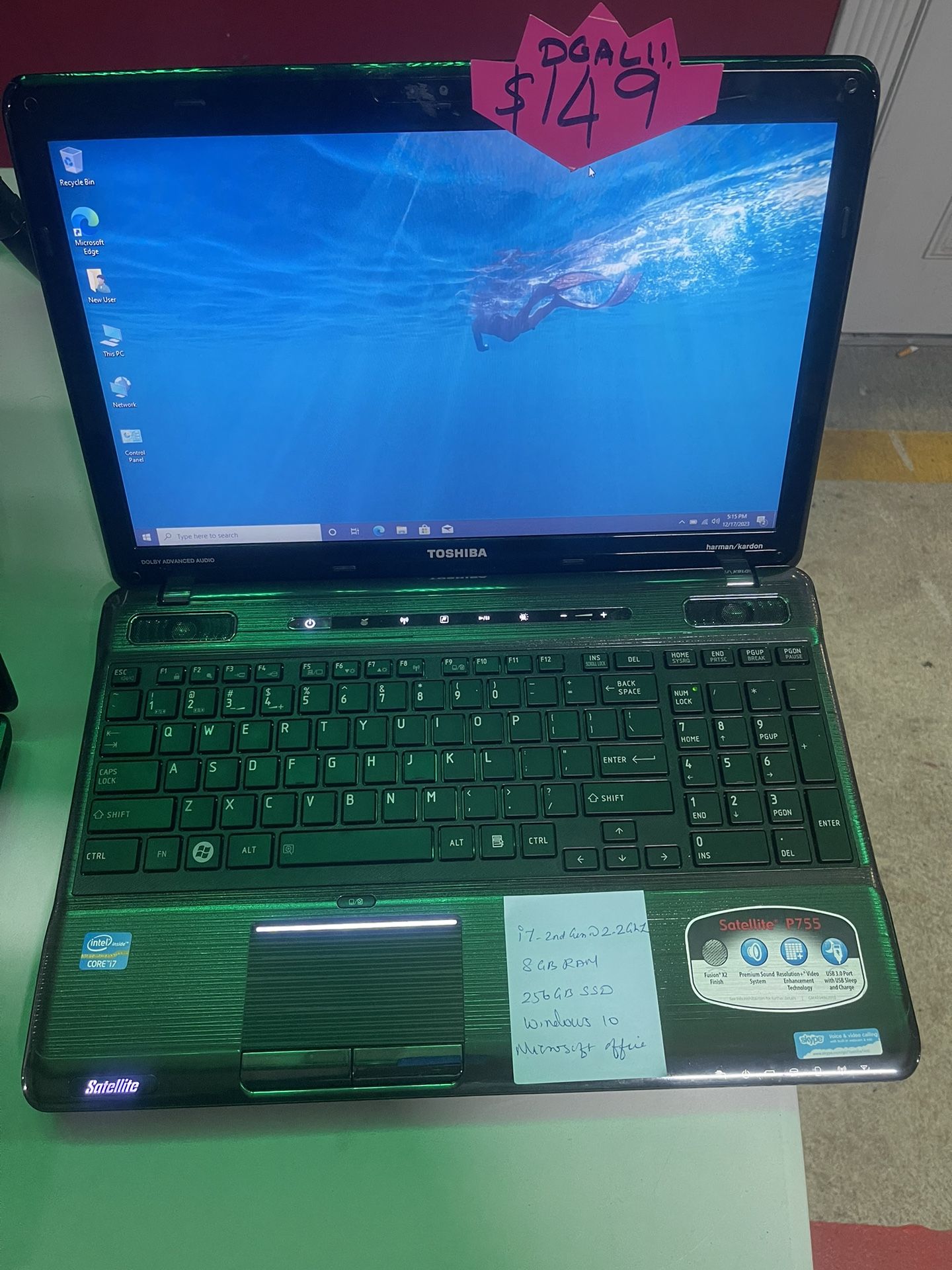Toshiba Satellite P755 Laptop . Comes with Charger. Spec on the picture.