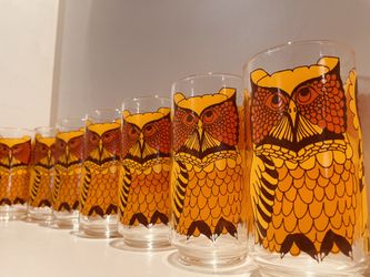 1960s  70s Vintage Retro Owl Glassware Orange Yellow Brown