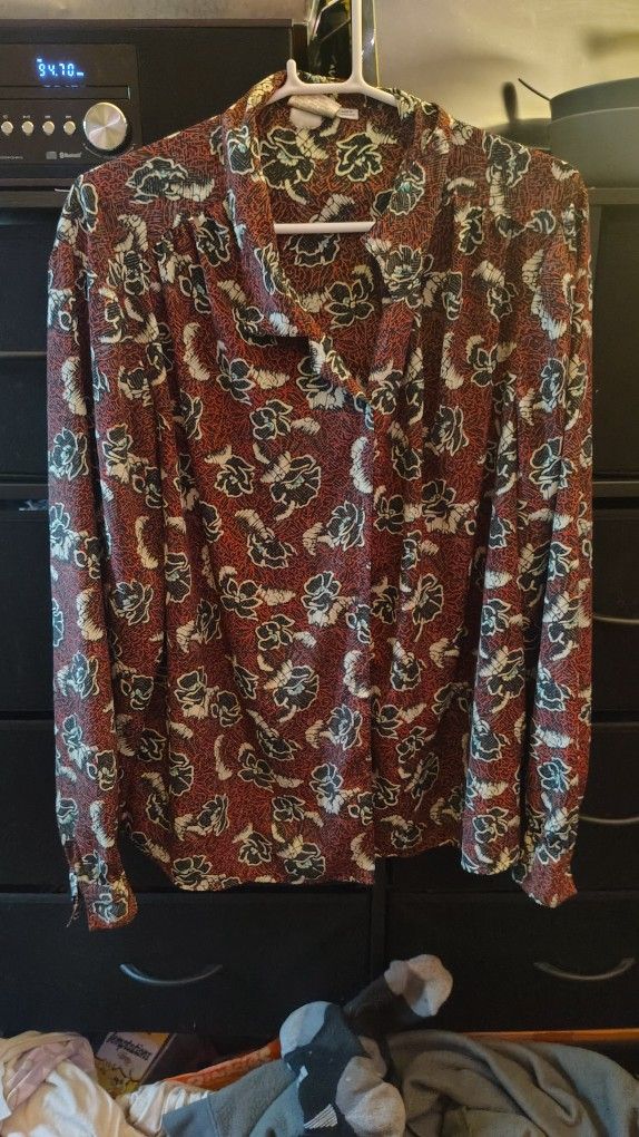 Red black and beige floral button up