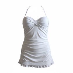 Dobreva White Ruched Halter Swim Dress