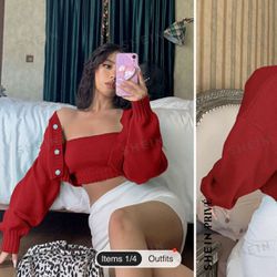Red ❤️🌹SHEIN Privé Solid Crop Tube Knit Top & Drop Shoulder Cardigan