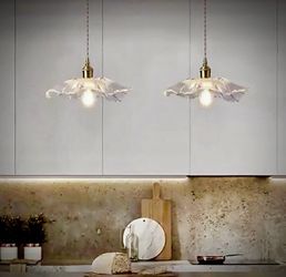 New in box Set of 2 x Hanging Lotus Leaf Glass Gold Italian Pendant Adjustable Pendant Light Fixtures