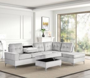 Brand New Contemporary Style Velvet Sectional in Grey/Chrome legs with Storage Ottoman