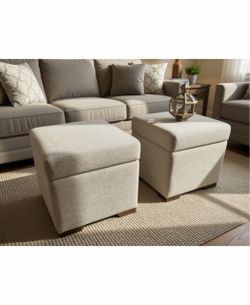 Pair of Storage Ottomans with Hidden Compartments, Beige Fabric, Like New
