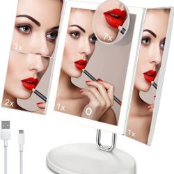 TOUCHBeauty Trifold Mirror, Makeup Vanity Mirror with Lights, 34pcs Led Makeup Mirror with a Magnification of 1X/2X/3X/7X, Portable Cosmetic Mirror wi