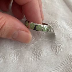 Green Flowers On Silver Ring
