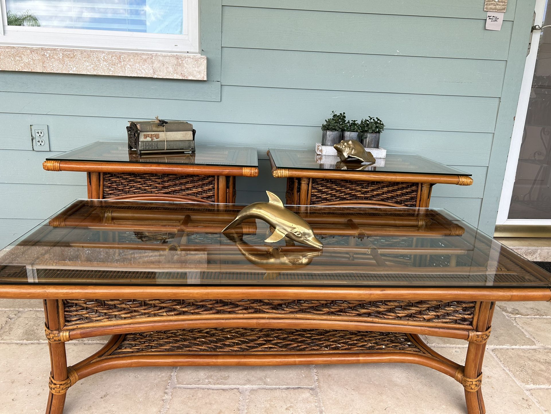 1980’s Coastal/Boho Chic Rattan & Glass Three Piece Coffee Table Set