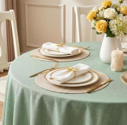 Textured Linen 54 Inch Round Tablecloth - Sage Green Waterproof Spill-Proof Wipeable Table Cloth Wrinkle Free Circle Dining Table Cover for Spring Bir
