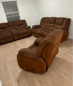 Brown Microfiber Reclining Sofa Set – 3 Pieces