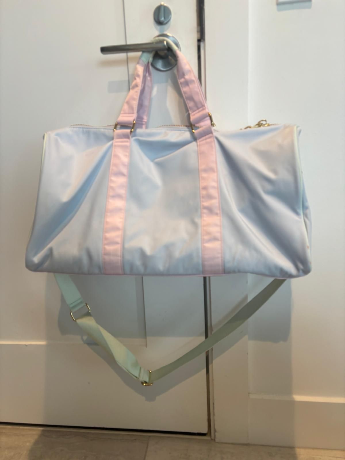 Stoney Clover Lane duffel bag. Pastel baby blue & pink. Still selling for $200 online!