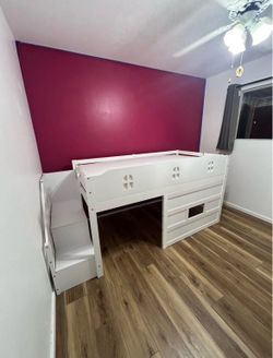 White Wooden Low Loft Bed with Stairs