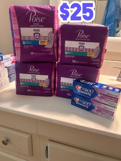 Garnier shampoo, Colgate toothpaste, and Crest toothpaste