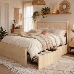 Brafab Rattan Queen Bed Frame w/ 4 Storage Drawers – New in Box