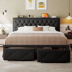 King size bed frame. With storages. With charger station. 