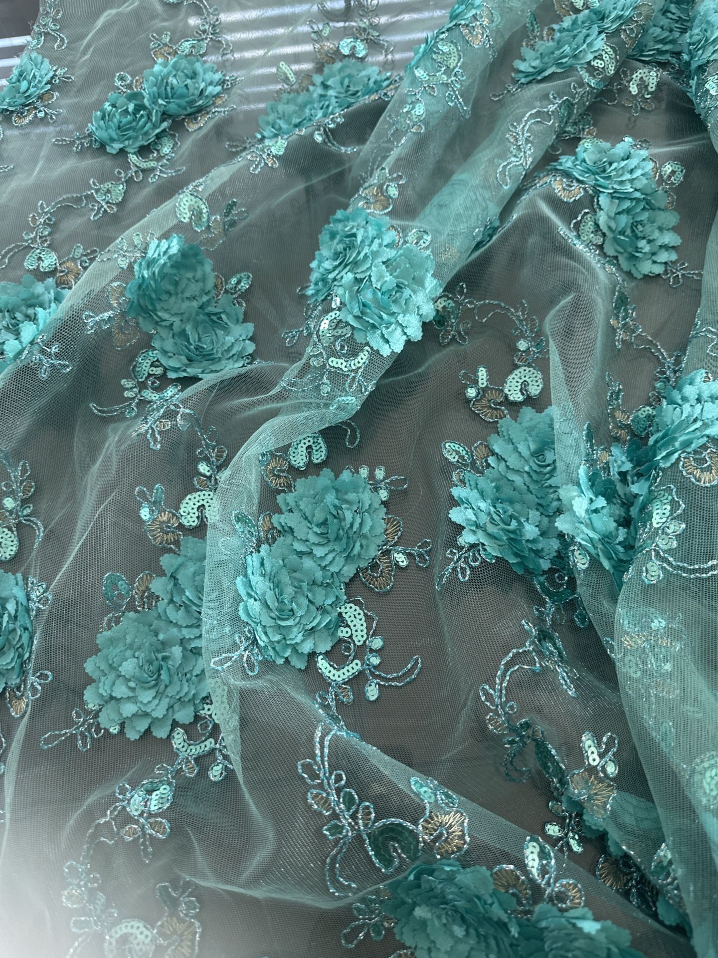 3D Floral Sequin Tull Fabric Turquoise Color