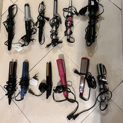Lot Of 12 Hair Straighteners, Curling Irons, Wands And Spin Air Rotating Styler Brush 