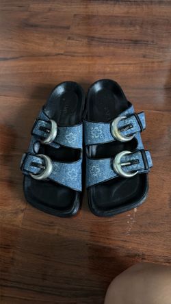 Denim Double Buckle Slide Sandals