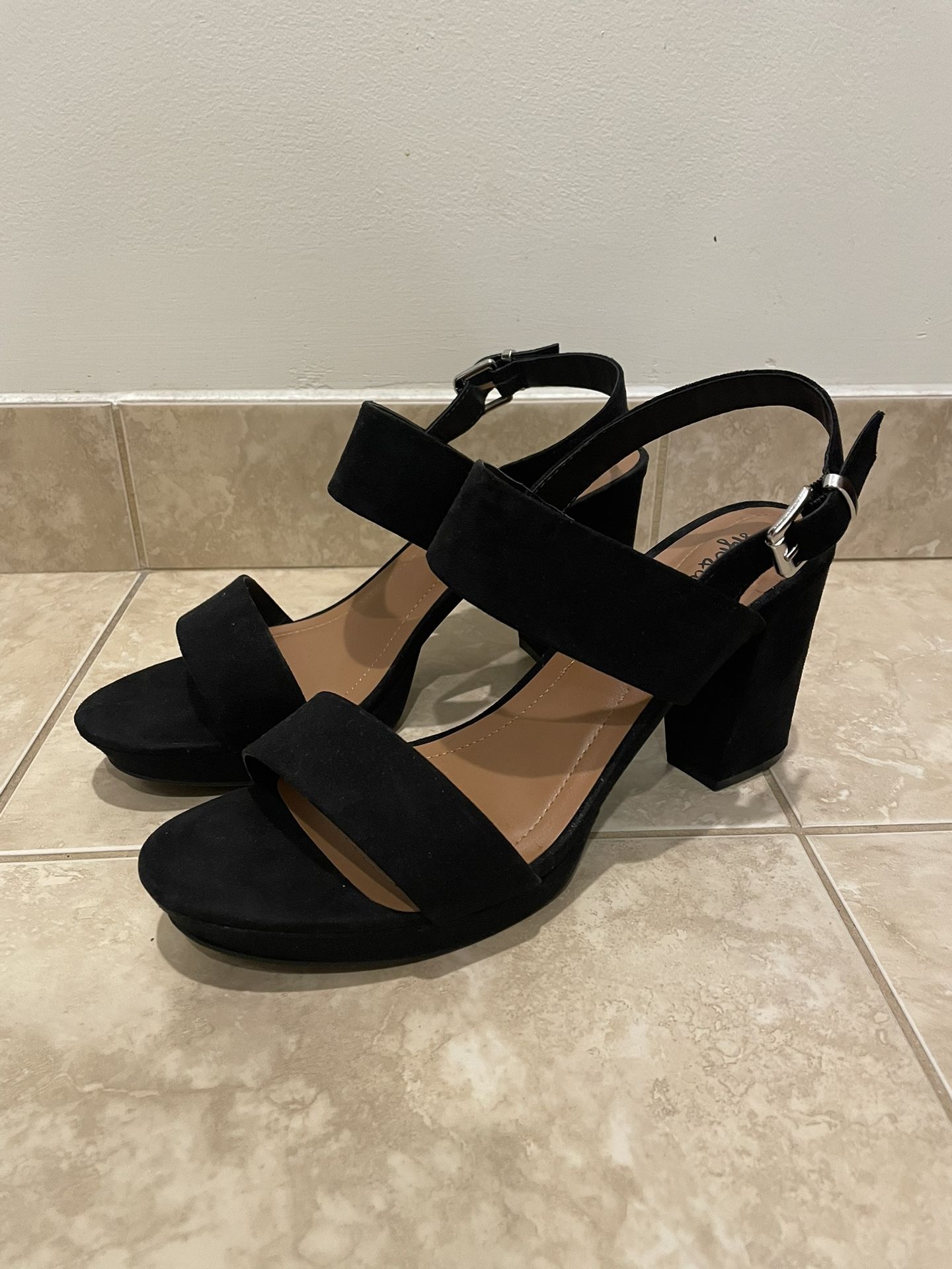 Black Suede Heels With Sliver Buckle Size 11