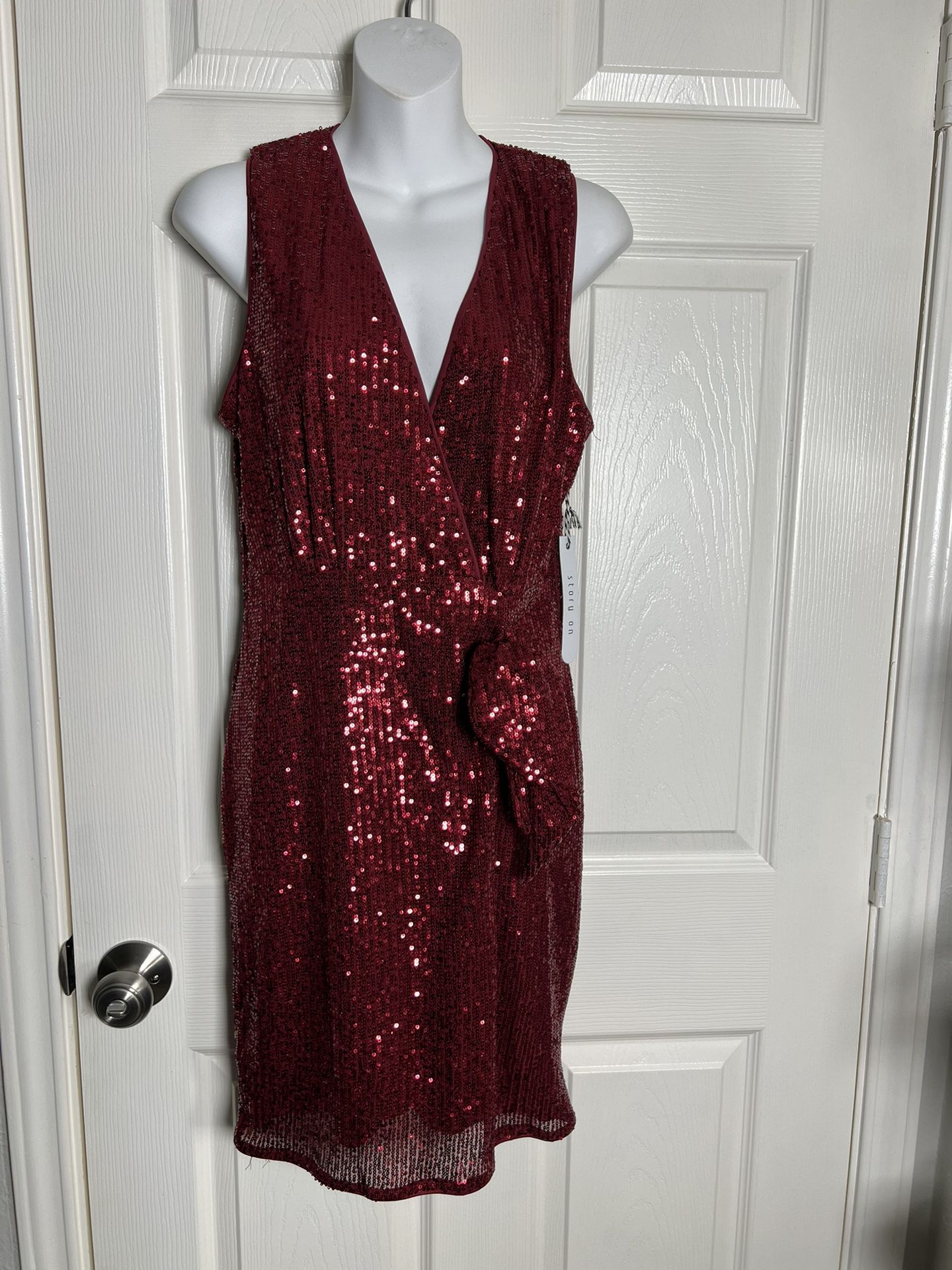 Maroon Sequined Cocktail Length Evening Dress