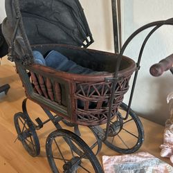 Antique Baby Doll Stroller W/ Boyds Beat Doll And Accessories 