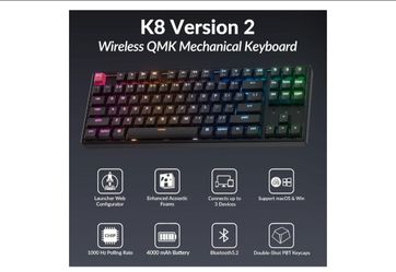 Keychron K8 Version 2 TKL Wireless Mechanical Keyboard, QMK/Launcher Bluetooth 5.2/Wired, RGB Backlit Shine-Through PBT Keycaps, Super Brown Switch, A