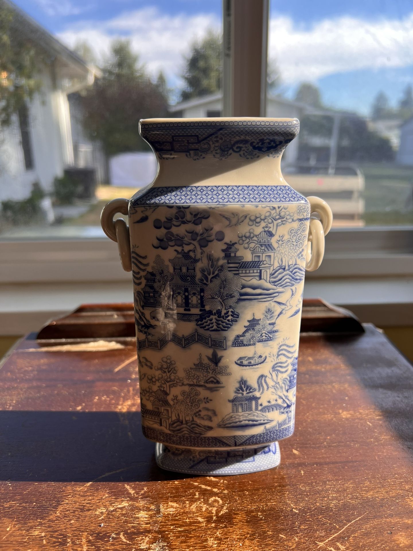 Vintage Chinese Blue and White Rectangular Vase
