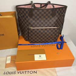 100% Authentic Louis Vuitton Neverfull MM – Damier Ebene with Rose Ballerine Interior