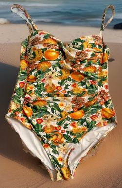 Niptuck Swim Oranges Lillies Tropical Floral  One Piece Bathing Swimsuit  size 10