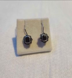 Silver Drop Earrings with Black Stone