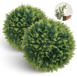 2 PCS 15” Artificial Plant Topiary Ball, Cypress Faux Balls with LED String Light, Fire-Retardant,UV Resistant Faux Plants for Outdoor Decor, Porch, P