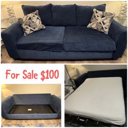 Blue Fabric Sleeper Sofa with Pull-Out Mattress