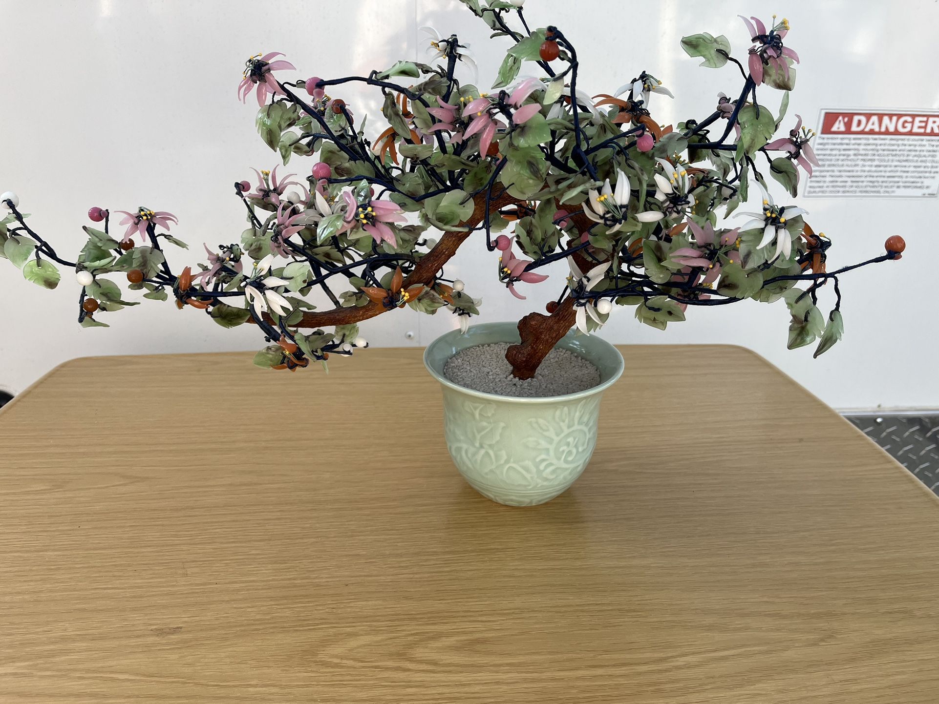 Chinese Peking Glass Jade Bonsai Tree In Celadon Planter