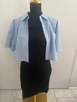 Blue White Striped Cropped Button-Up Shirt with dress